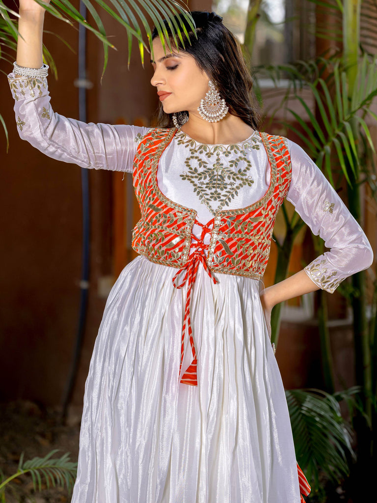 Awesome White Chinon Gota Patti Work Navratri Wear Gown