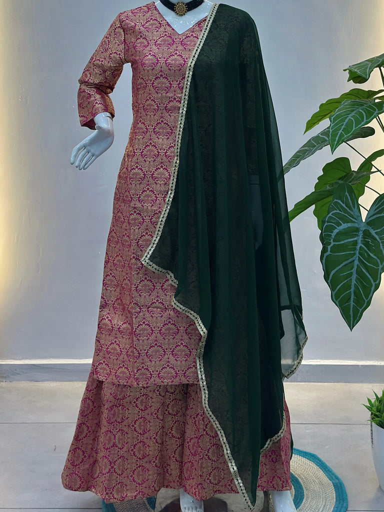 Glowing Pink Zari Weaving Jacquard Function Wear Palazzo Suit