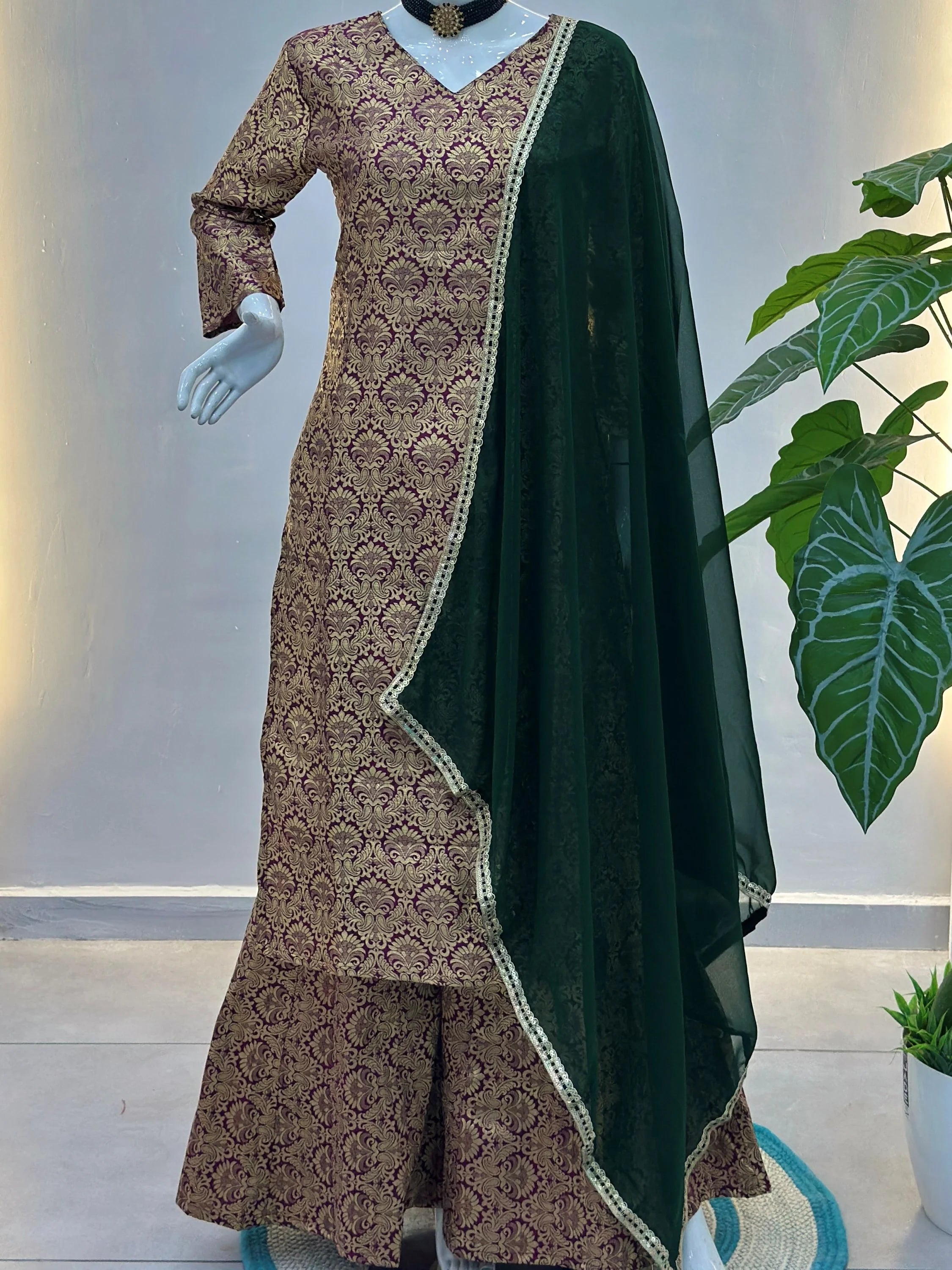 Captivating Purple Zari Weaving Jacquard Festive Wear Palazzo Suit