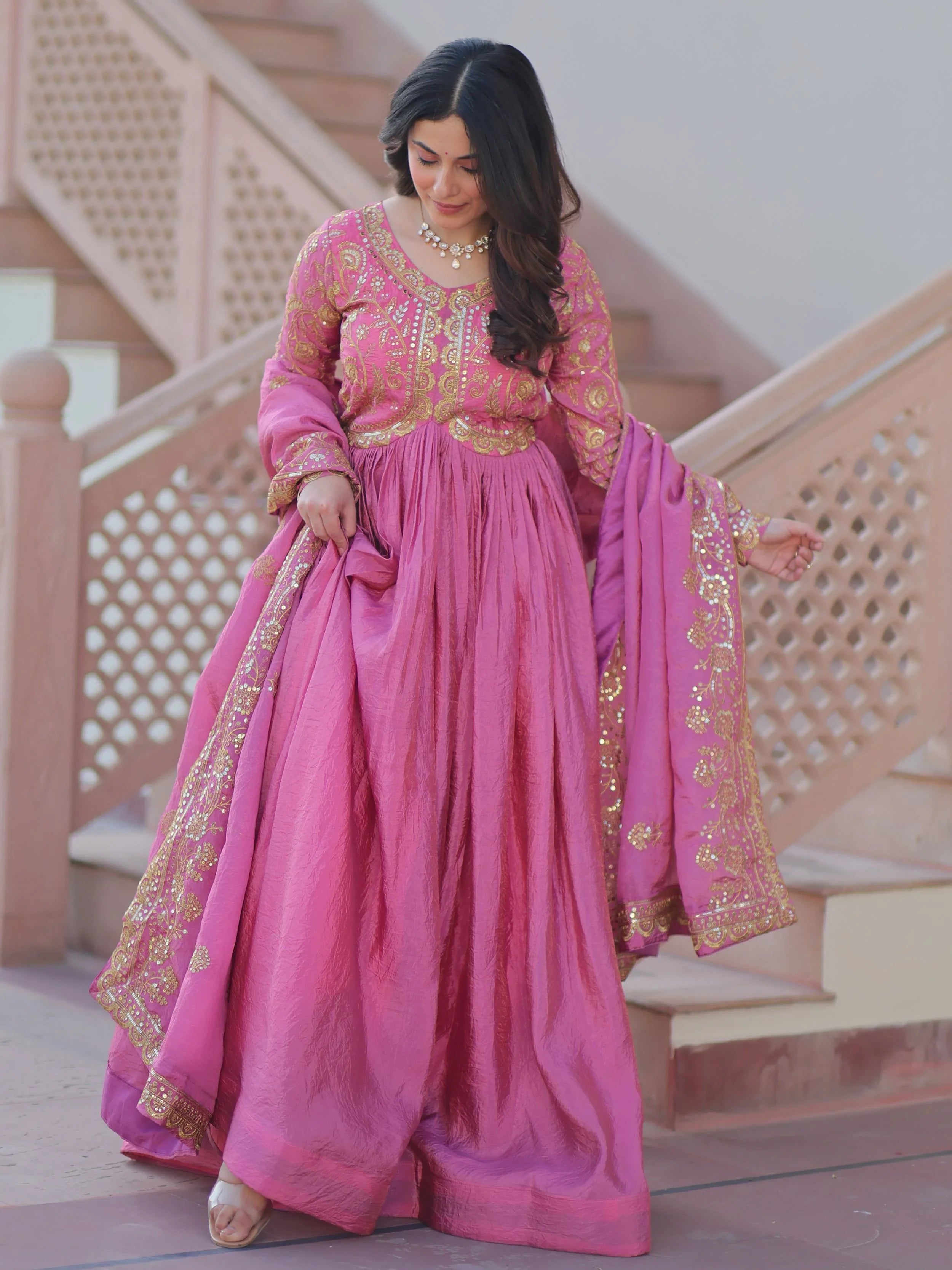 Mesmerizing Pink Organza Sequins Wedding Wear Gown With Dupatta