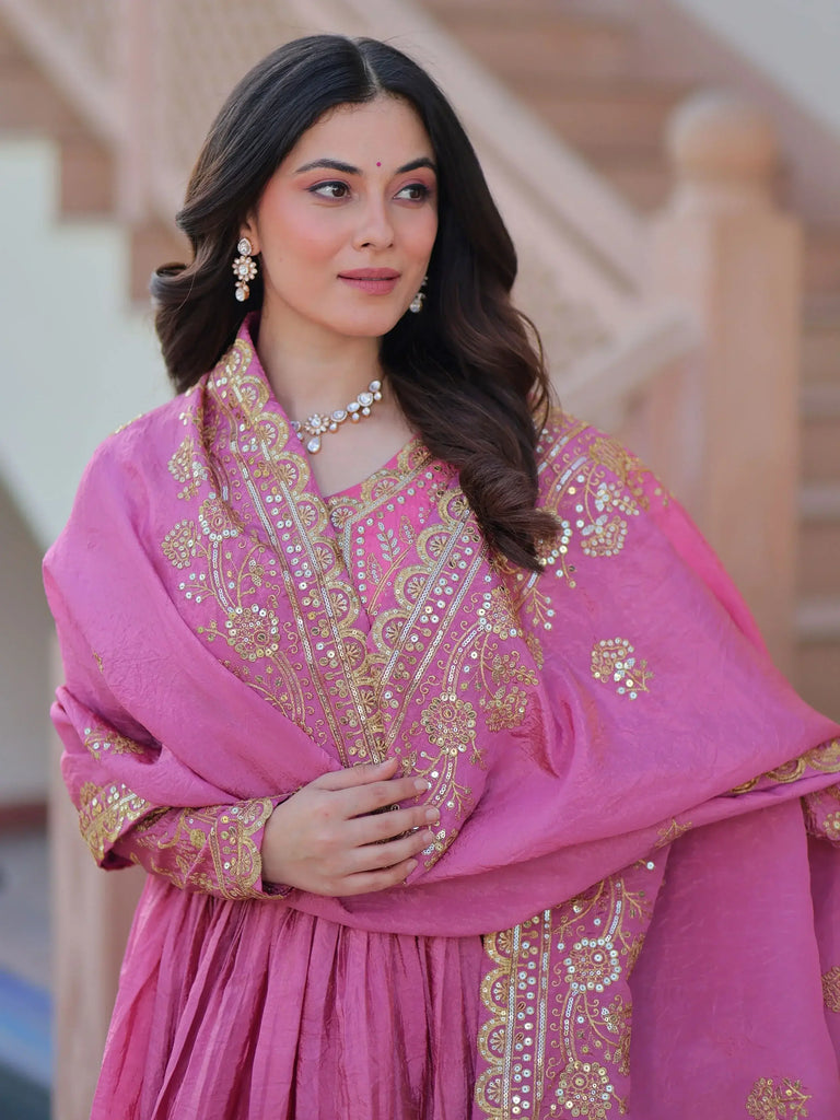 Mesmerizing Pink Organza Sequins Wedding Wear Gown With Dupatta