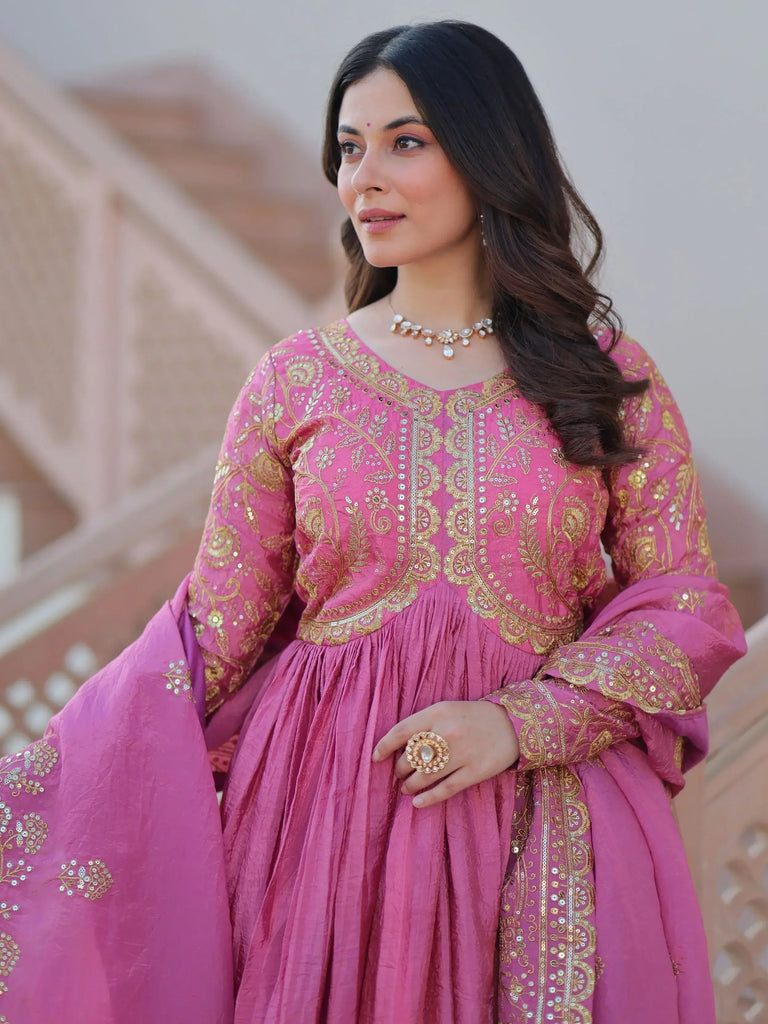 Mesmerizing Pink Organza Sequins Wedding Wear Gown With Dupatta
