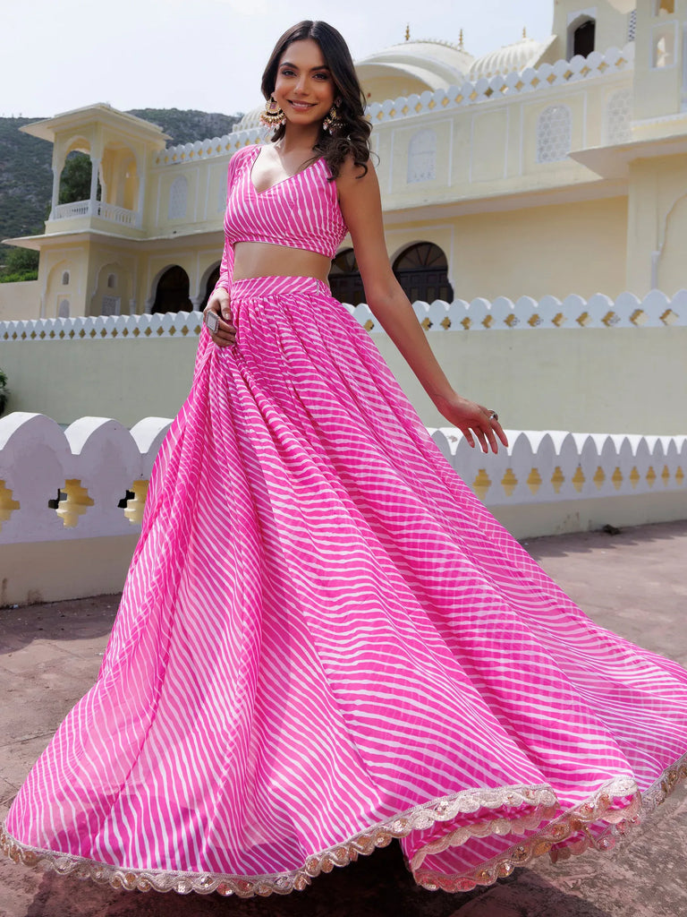Rich Pink Laheriya Printed Georgette Sangeet Wear Lehenga With Blouse