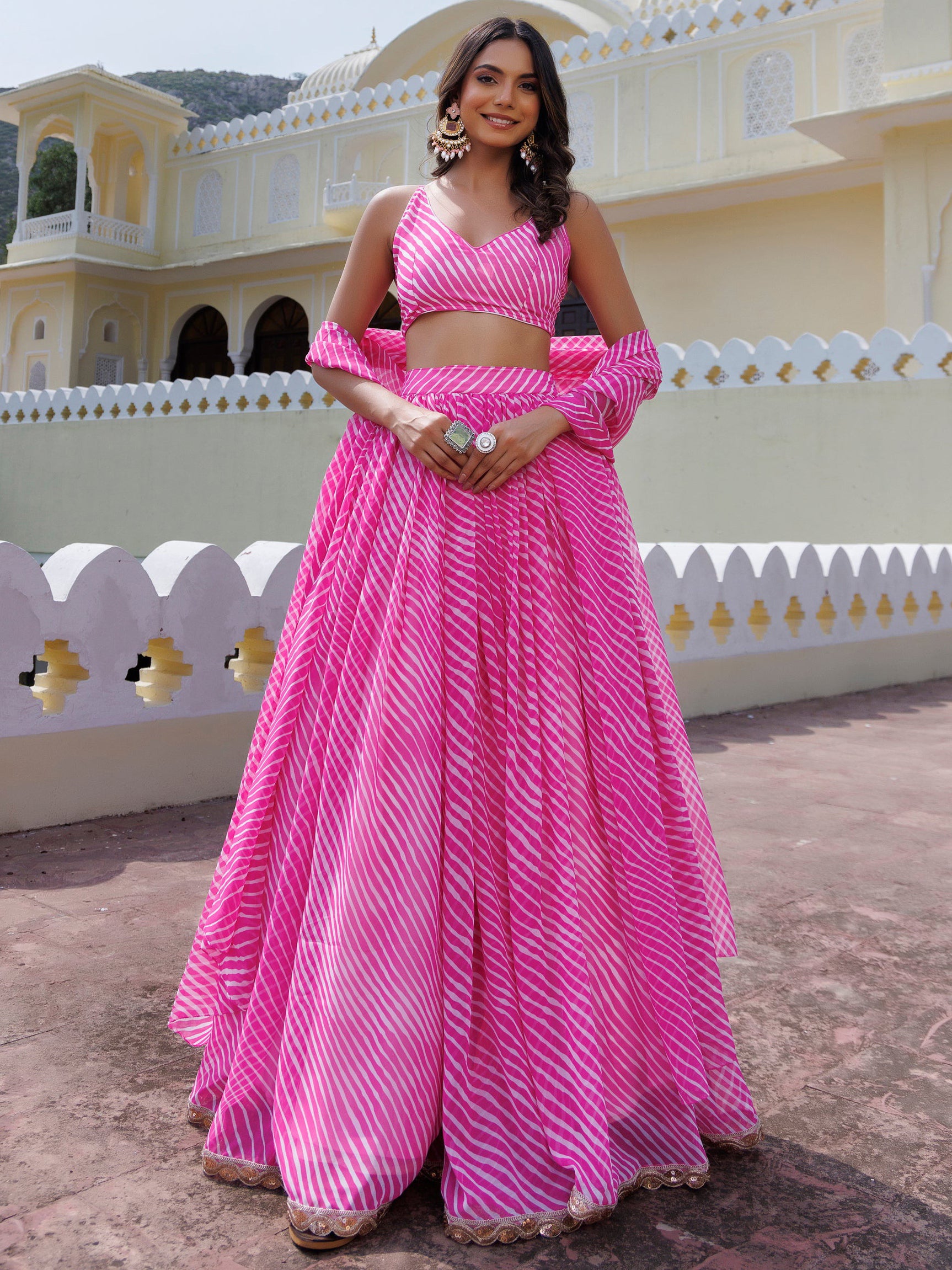 Rich Pink Laheriya Printed Georgette Sangeet Wear Lehenga With Blouse