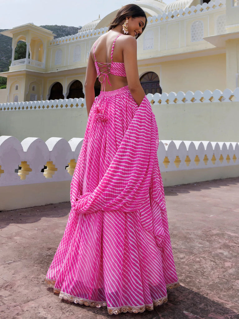 Rich Pink Laheriya Printed Georgette Sangeet Wear Lehenga With Blouse