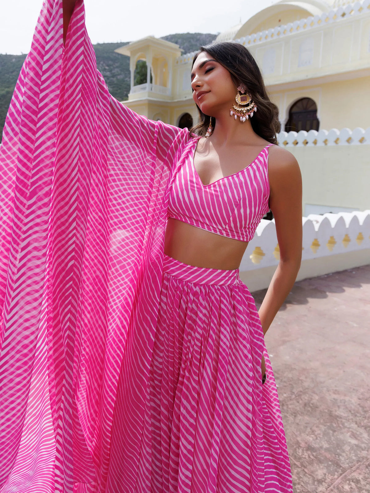 Rich Pink Laheriya Printed Georgette Sangeet Wear Lehenga With Blouse