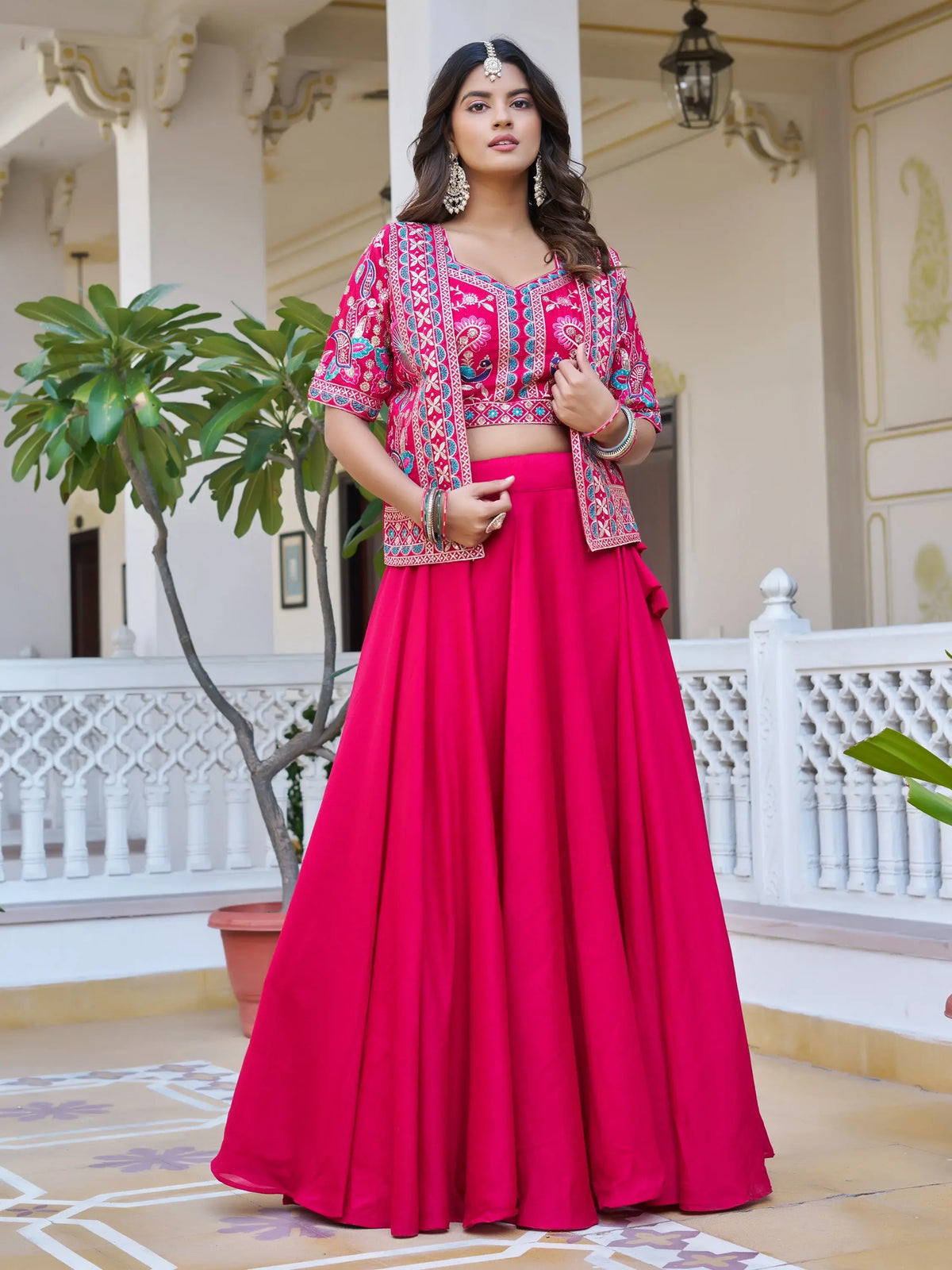 Stylish Pink Embroidered Silk Festive Wear Lehenga Choli With Jacket 