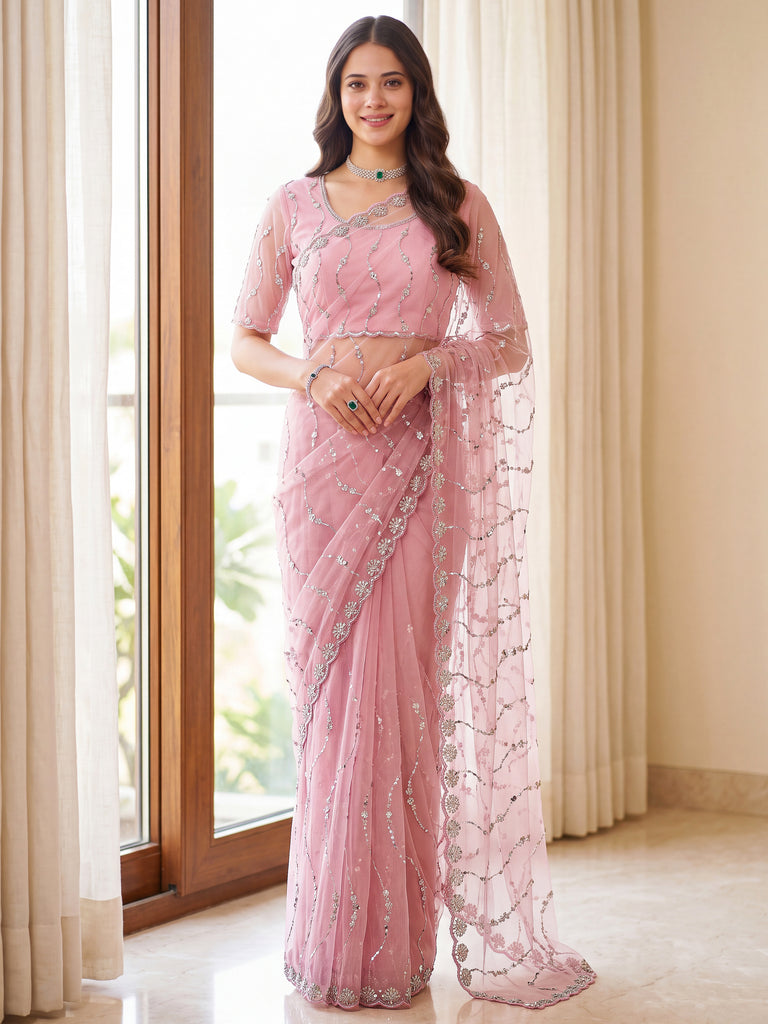 Notable Pink Embroidered Net Engagement Wear Saree With Blouse
