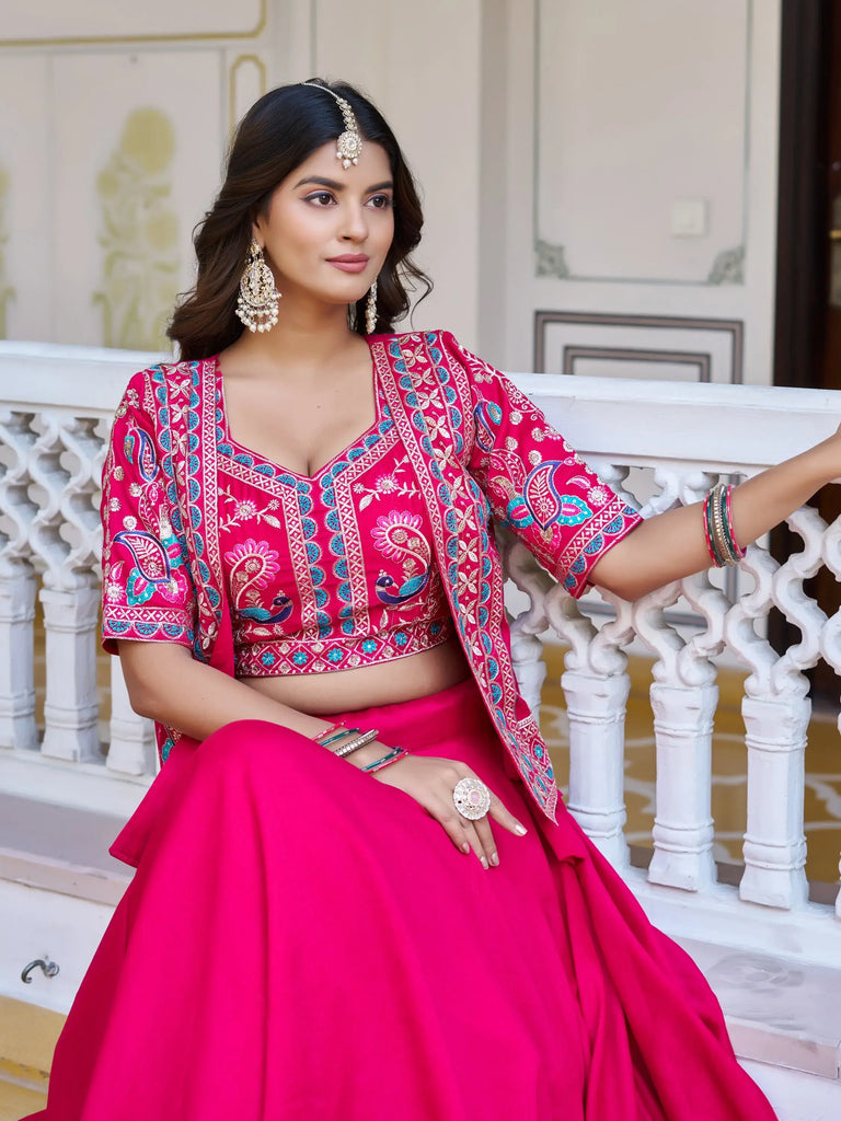 Stylish Pink Embroidered Silk Festive Wear Lehenga Choli With Jacket 
