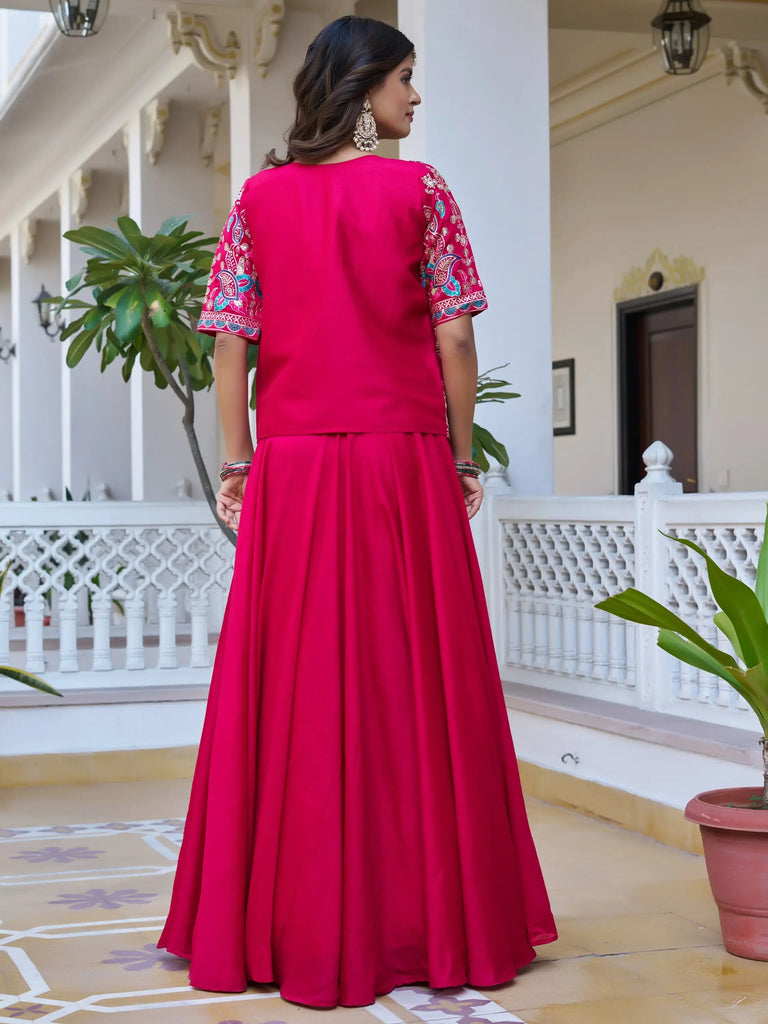 Stylish Pink Embroidered Silk Festive Wear Lehenga Choli With Jacket 