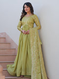 Tantalizing Pista Green Organza Mehendi Wear Gown With Dupatta