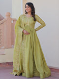 Tantalizing Pista Green Organza Mehendi Wear Gown With Dupatta