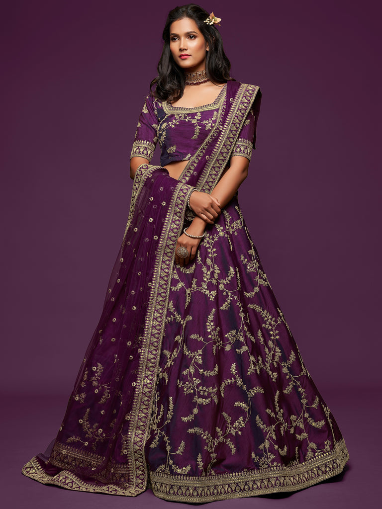 Graceful Purple Embroidered Silk Function Wear Plus Size Lehenga Choli