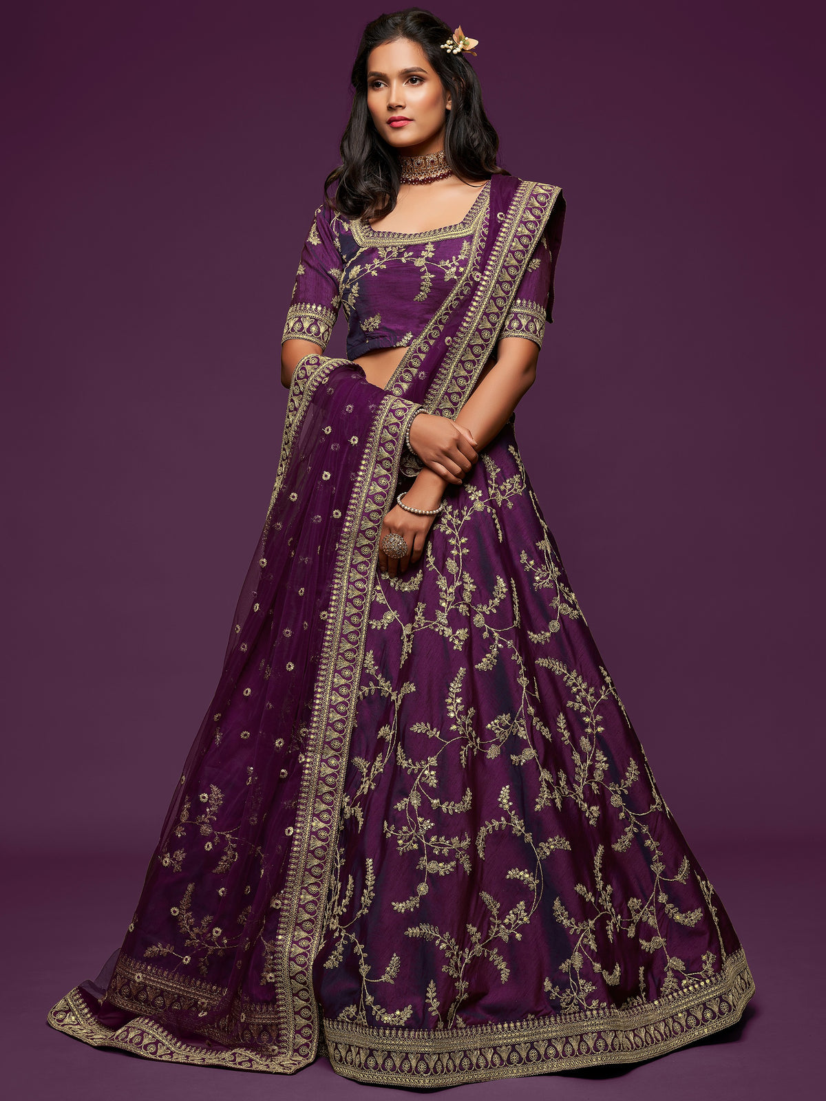 Graceful Purple Embroidered Silk Function Wear Plus Size Lehenga Choli