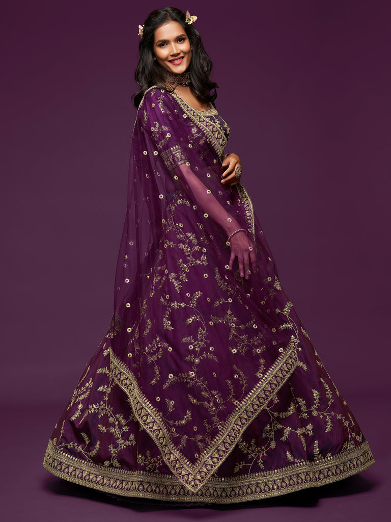 Graceful Purple Embroidered Silk Function Wear Plus Size Lehenga Choli