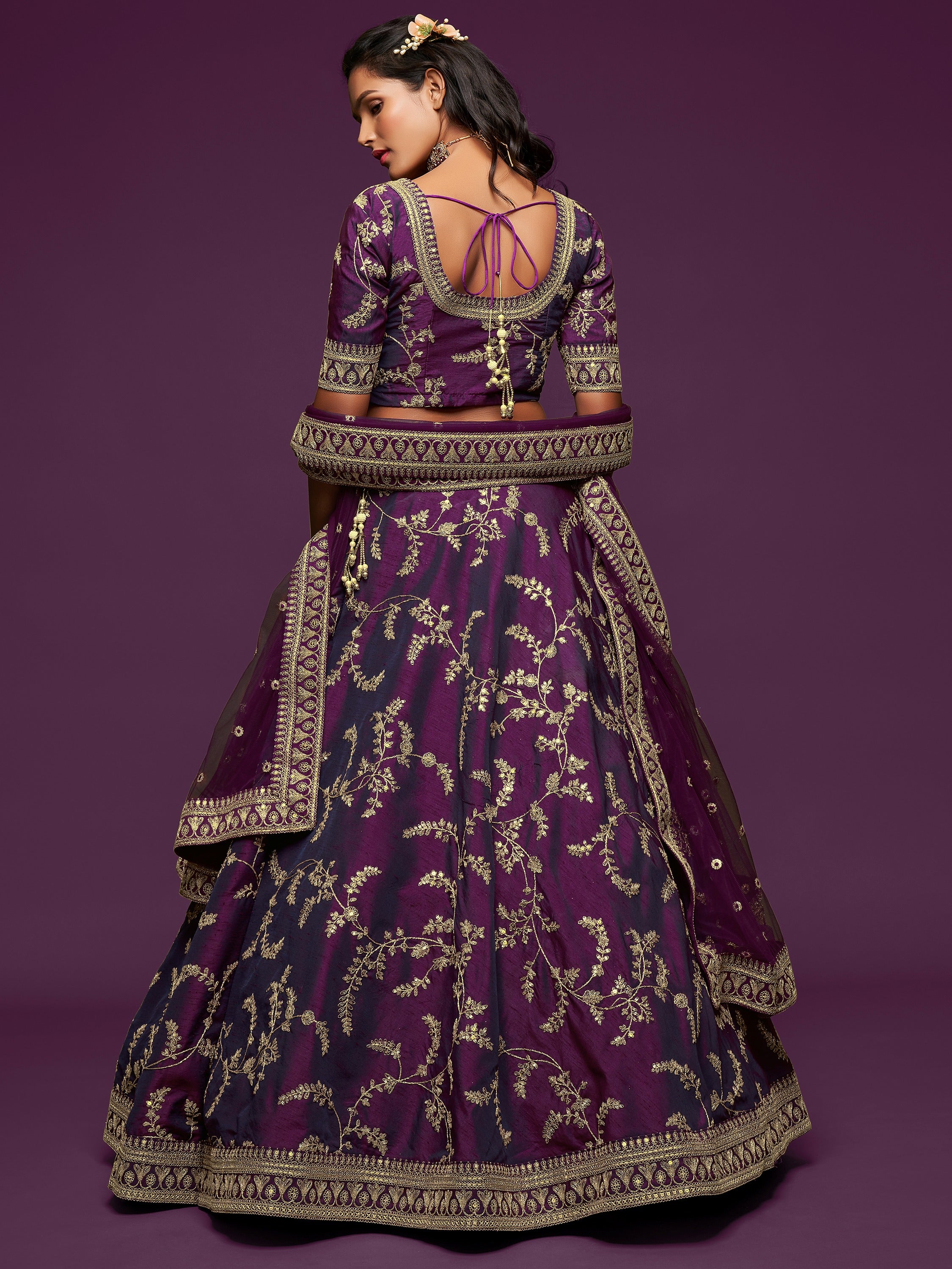 Graceful Purple Embroidered Silk Function Wear Plus Size Lehenga Choli