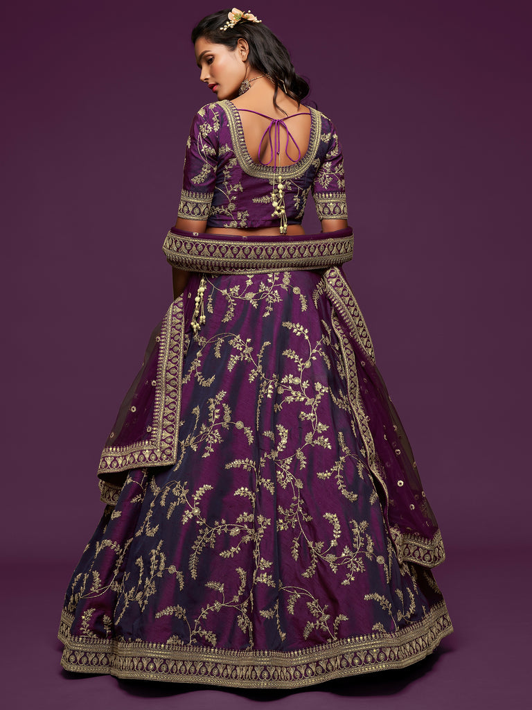 Graceful Purple Embroidered Silk Function Wear Plus Size Lehenga Choli
