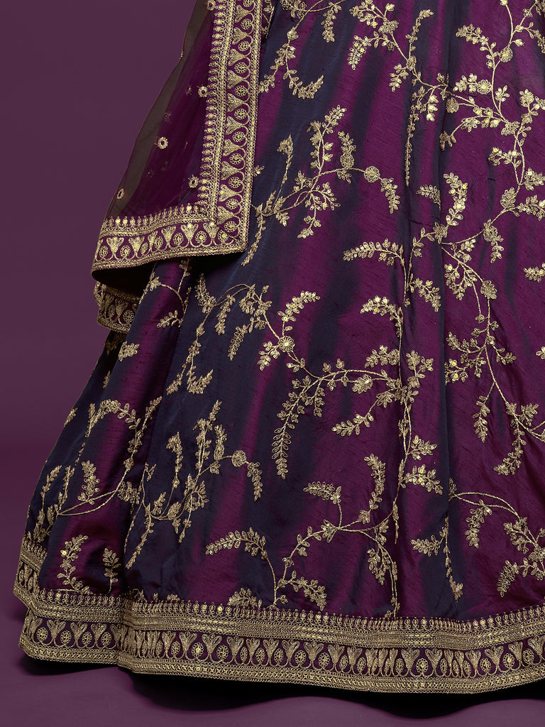 Graceful Purple Embroidered Silk Function Wear Plus Size Lehenga Choli