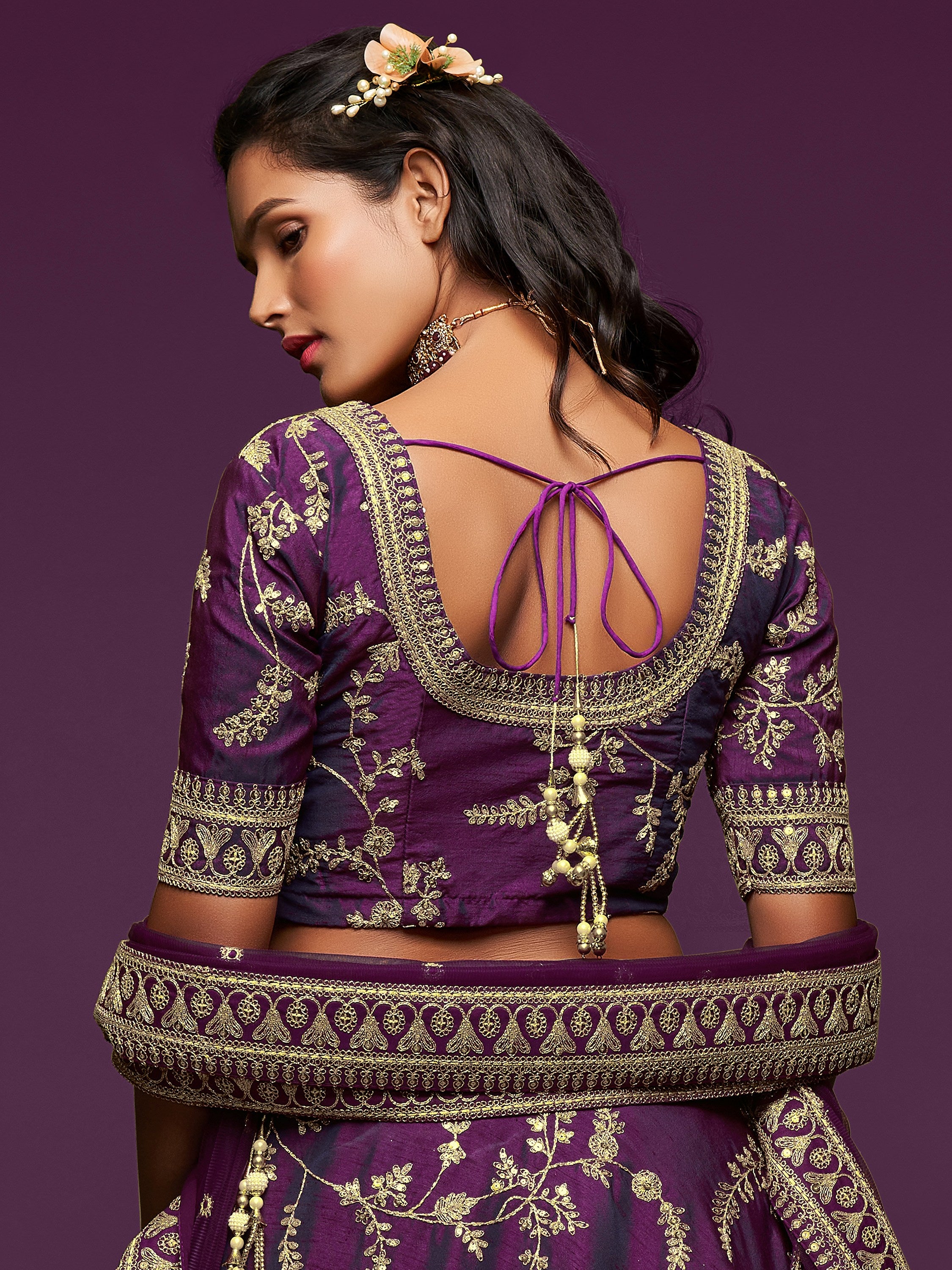 Graceful Purple Embroidered Silk Function Wear Plus Size Lehenga Choli