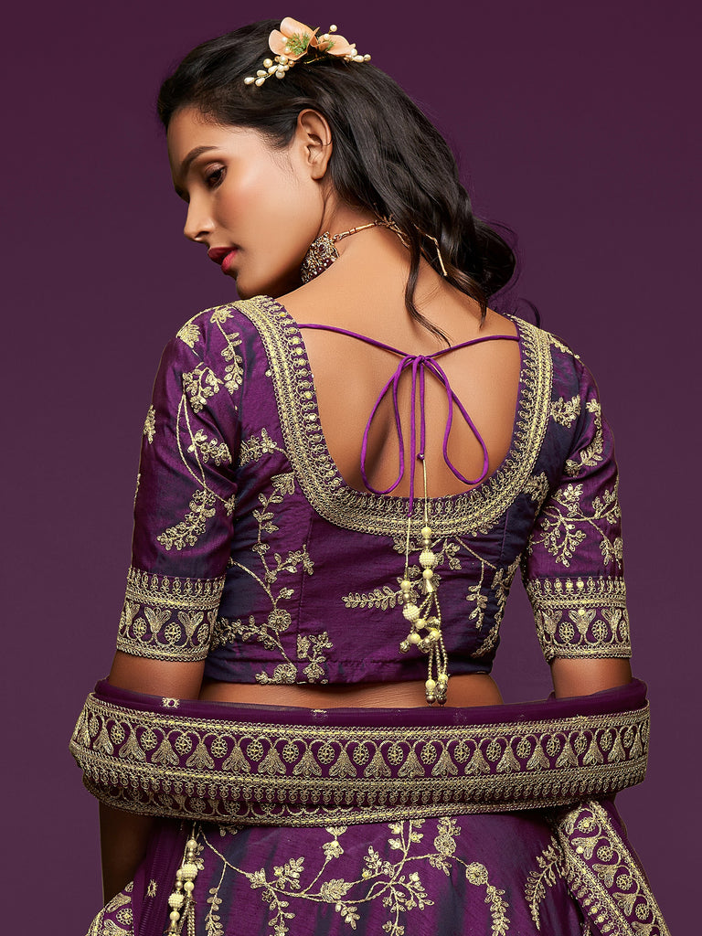 Graceful Purple Embroidered Silk Function Wear Plus Size Lehenga Choli