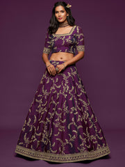 Graceful Purple Embroidered Silk Function Wear Plus Size Lehenga Choli