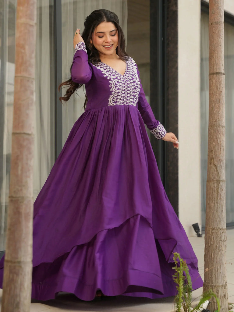 Impressive Purple Thread Embroidered Georgette Gown