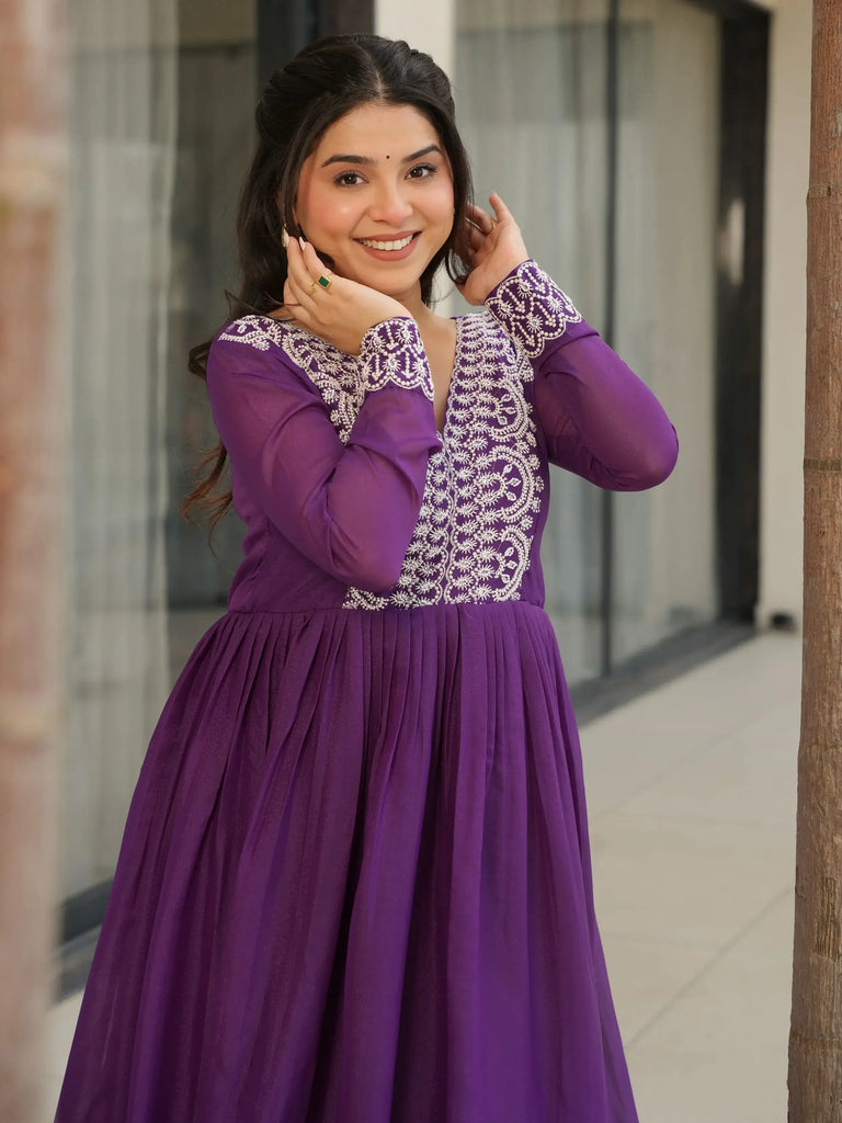 Impressive Purple Thread Embroidered Georgette Gown
