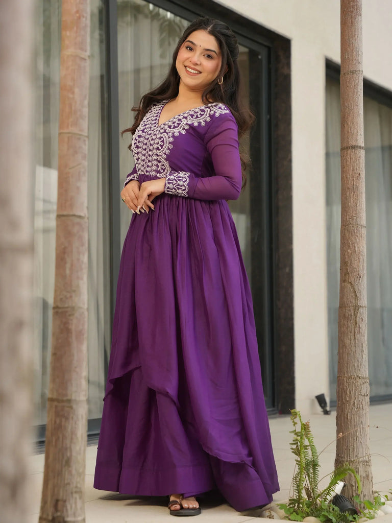 Impressive Purple Thread Embroidered Georgette Gown