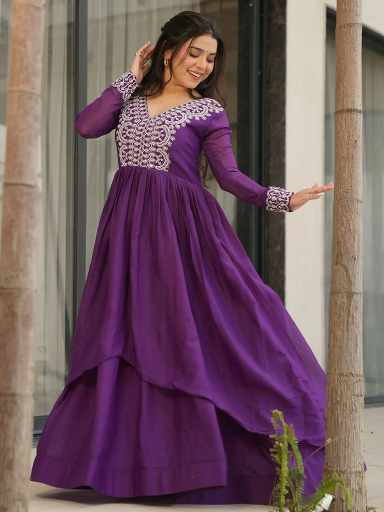 Impressive Purple Thread Embroidered Georgette Gown