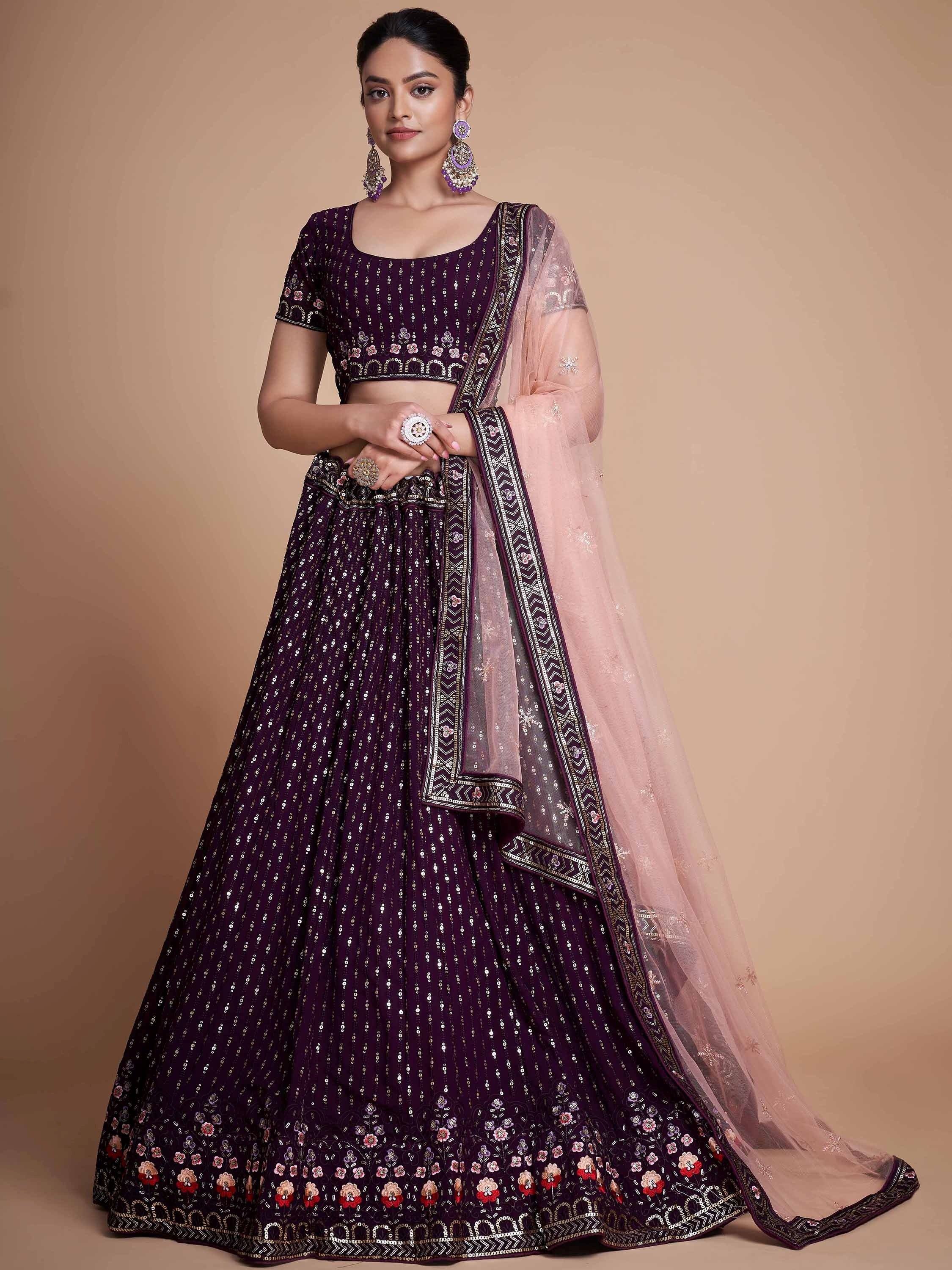 Glamorous Wine Sequins Georgette Bridesmaid Plus Size Lehenga Choli
