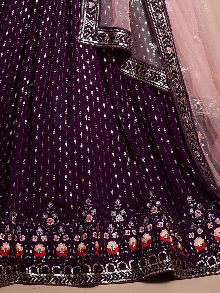Glamorous Wine Sequins Georgette Bridesmaid Plus Size Lehenga Choli