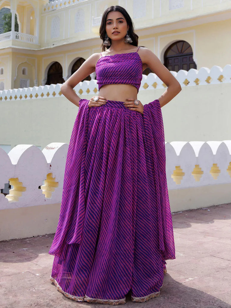 Alluring Purple Laheriya Printed Wedding Wear Lehenga Choli With Dupatta