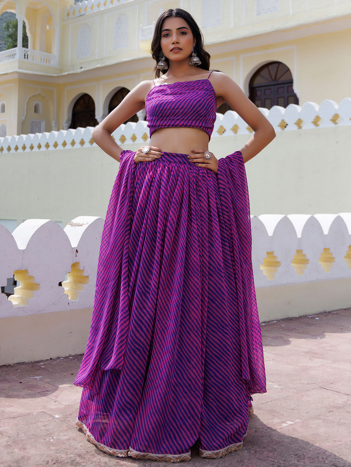 Alluring Purple Laheriya Printed Wedding Wear Lehenga Choli With Dupatta