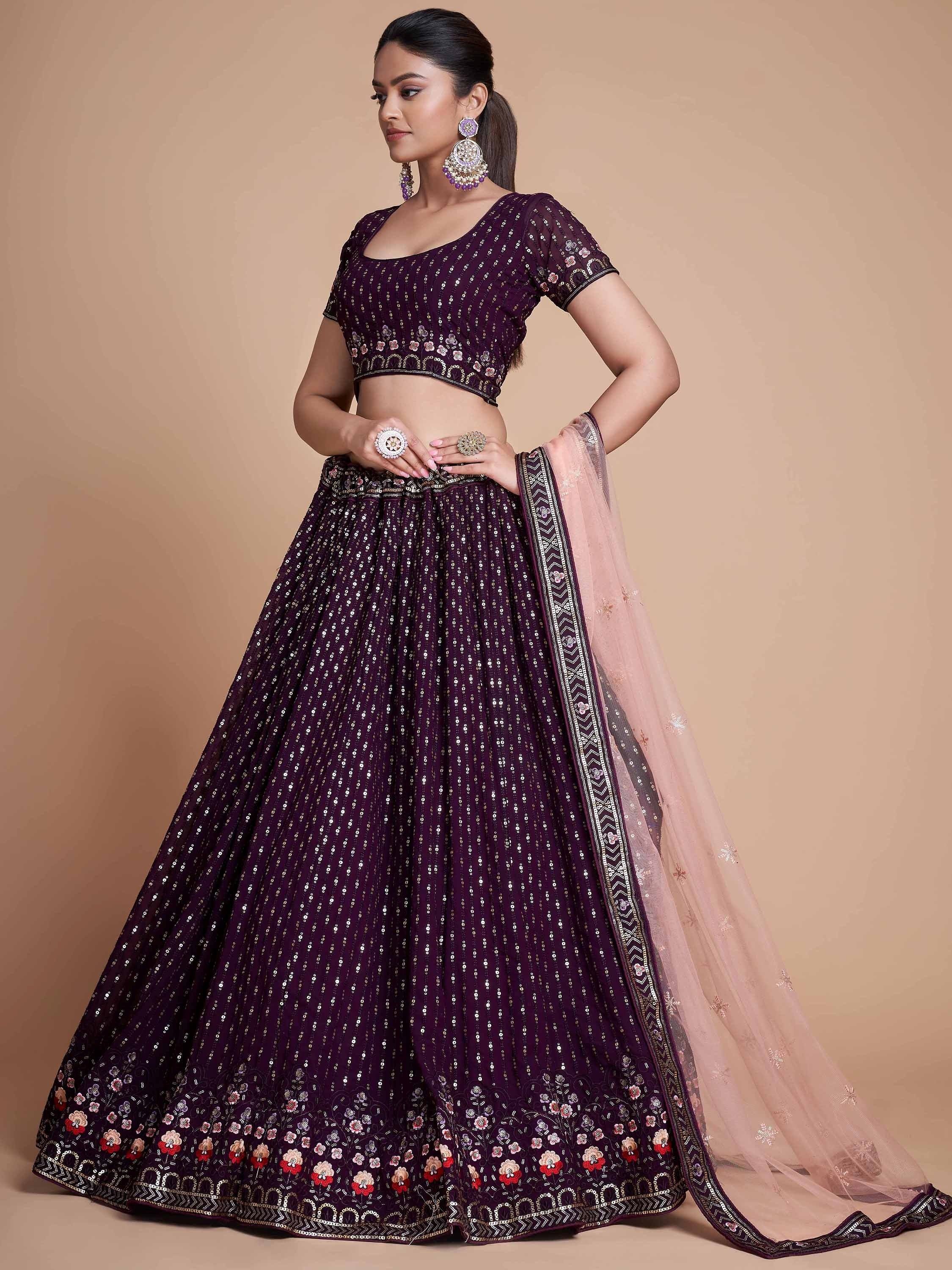 Glamorous Wine Sequins Georgette Bridesmaid Plus Size Lehenga Choli