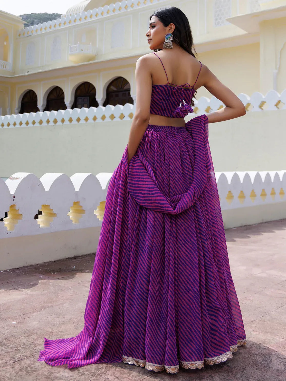 Alluring Purple Laheriya Printed Wedding Wear Lehenga Choli With Dupatta