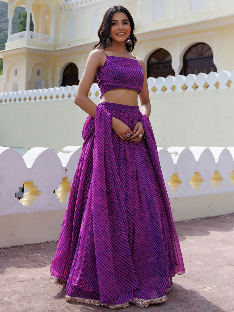 Alluring Purple Laheriya Printed Wedding Wear Lehenga Choli With Dupatta