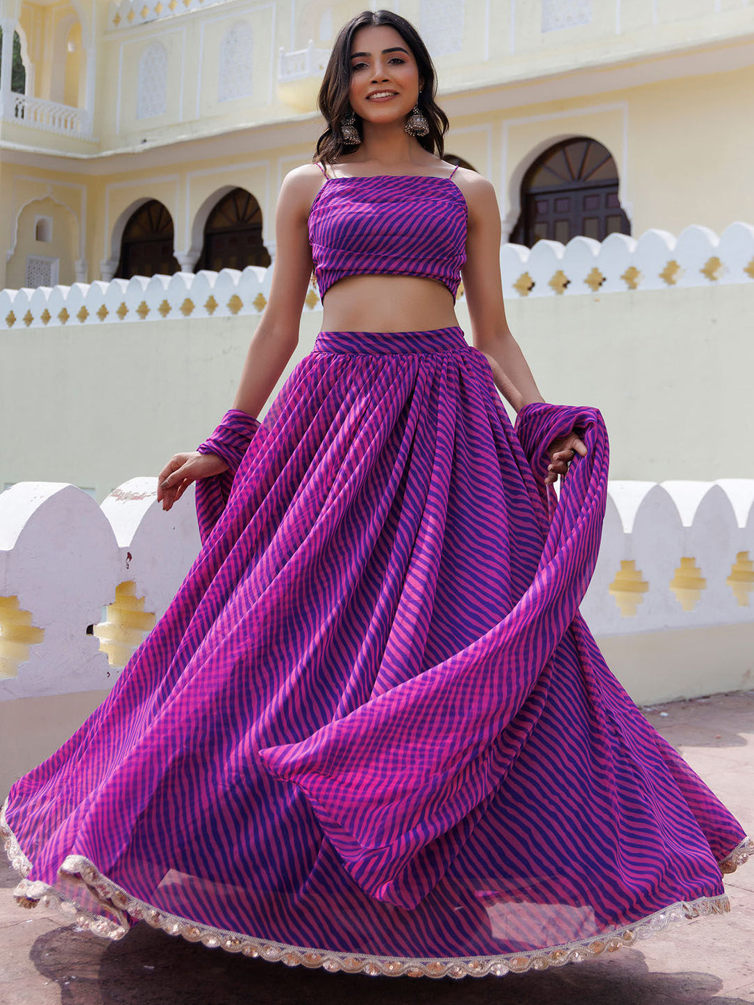 Alluring Purple Laheriya Printed Wedding Wear Lehenga Choli With Dupatta