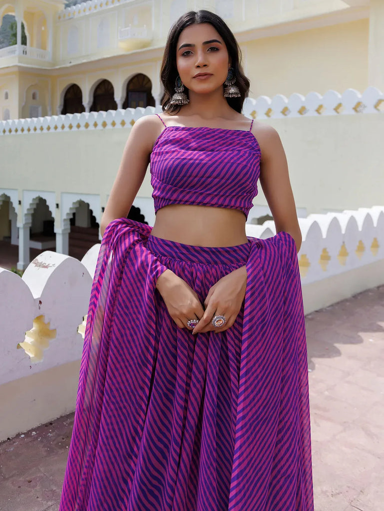 Alluring Purple Laheriya Printed Wedding Wear Lehenga Choli With Dupatta