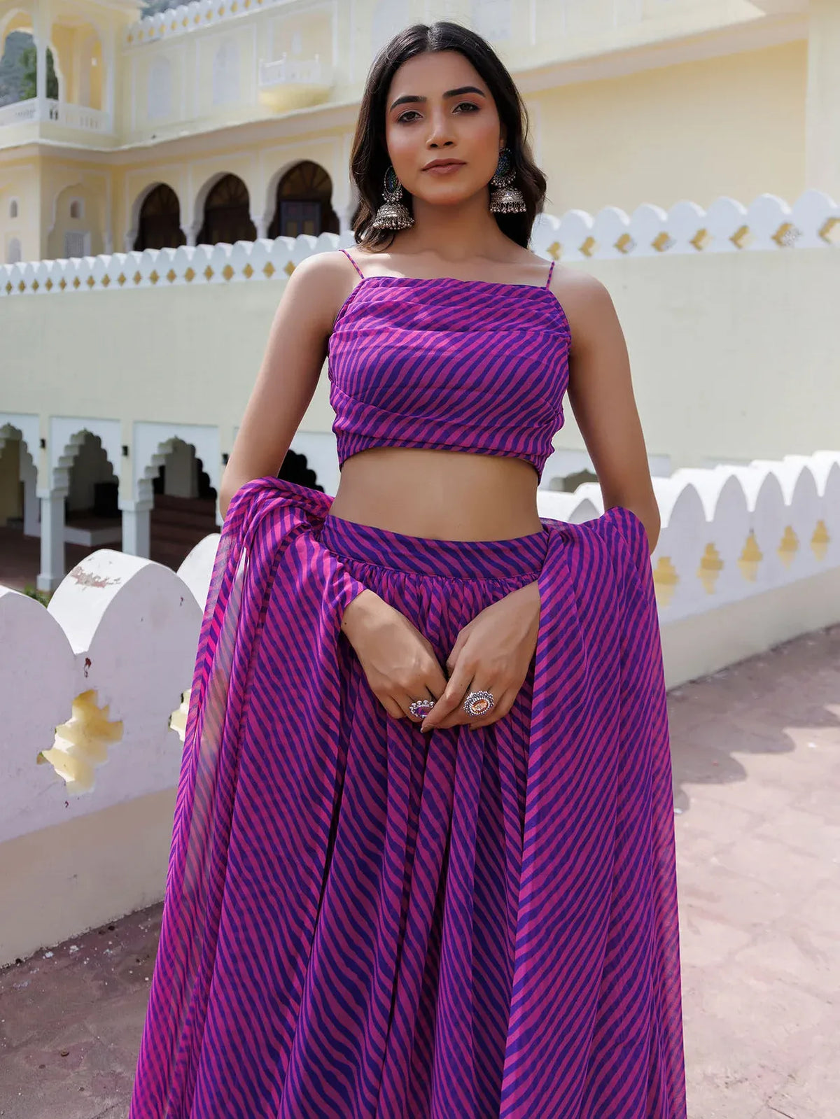 Alluring Purple Laheriya Printed Wedding Wear Lehenga Choli With Dupatta