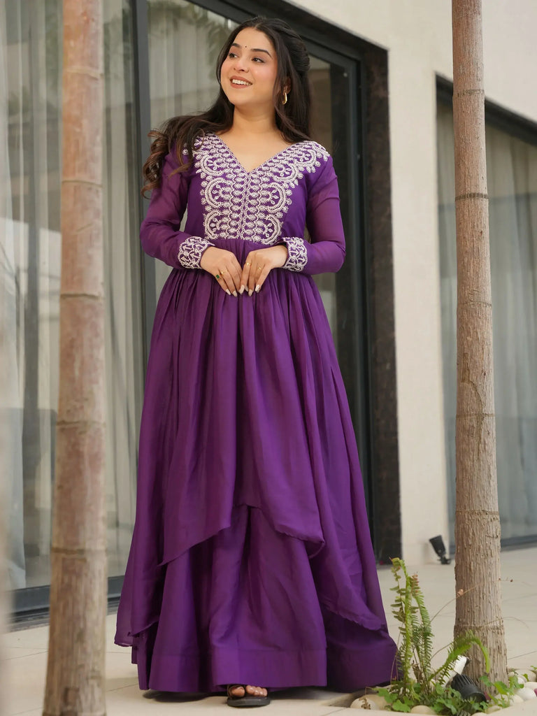 Impressive Purple Thread Embroidered Georgette Gown
