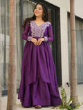 Impressive Purple Thread Embroidered Georgette Gown