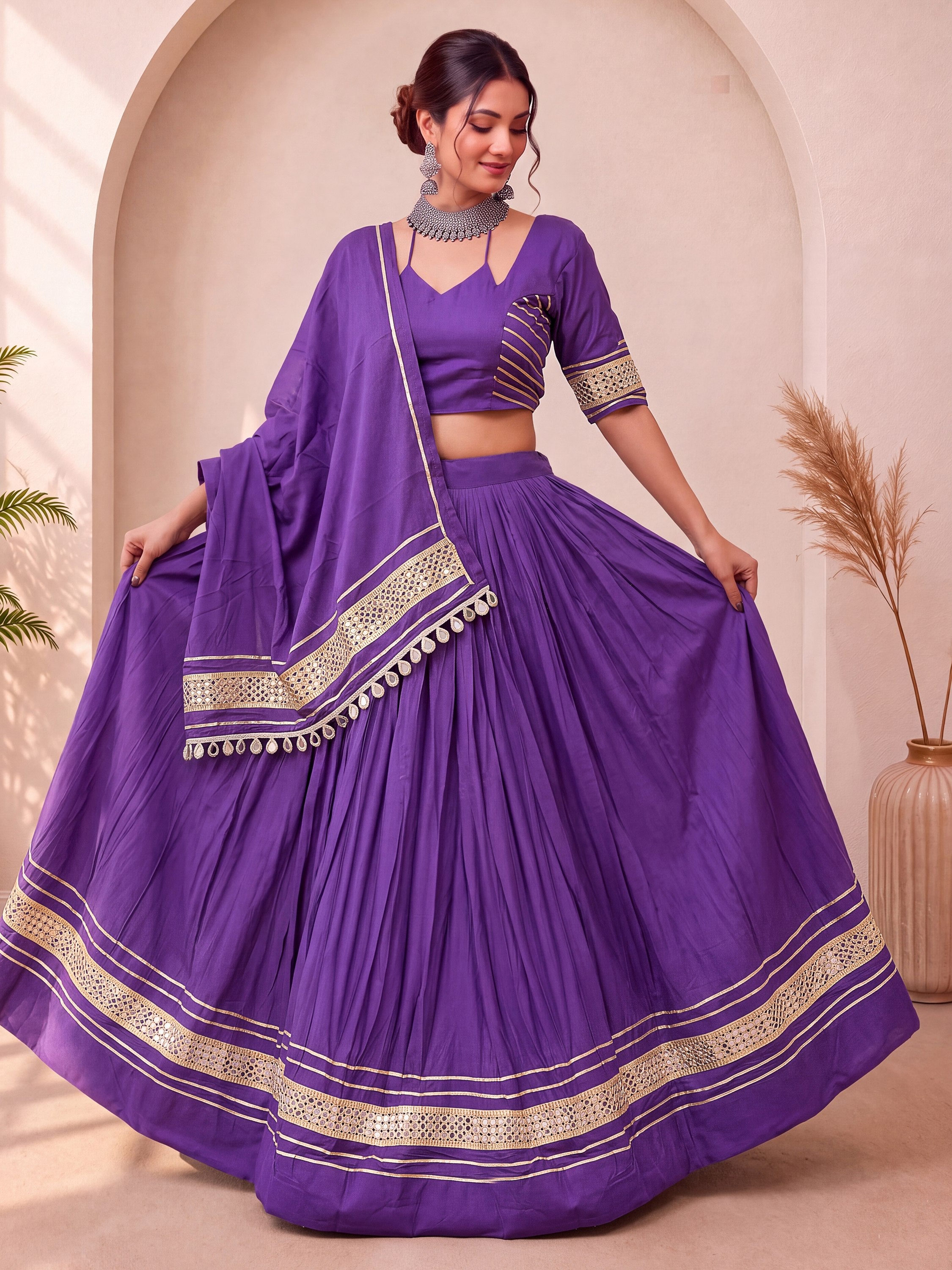 Wondrous Purple Mirror Laced Cotton Navratri Lehenga Choli With Dupatta