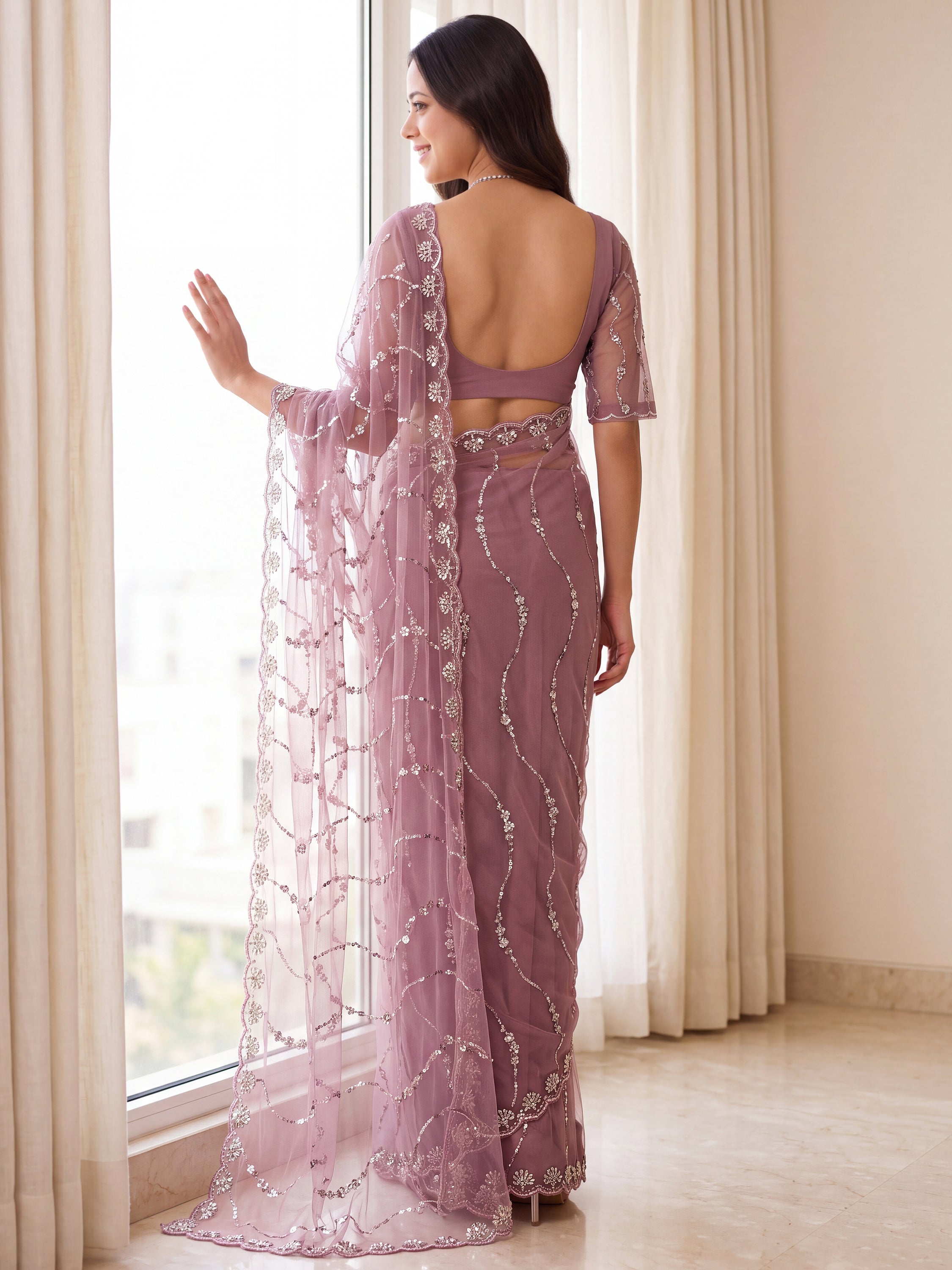Amazing Mauve Bead Work Net Reception Wear Saree With Blouse