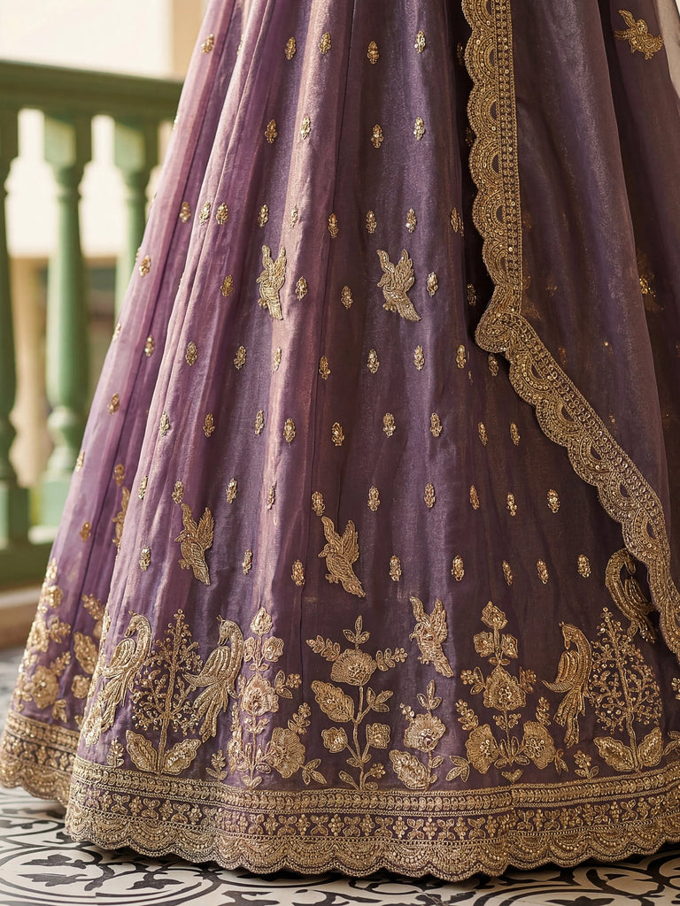 Superb Purple Organza Thread Work Reception Wear Lehenga Choli