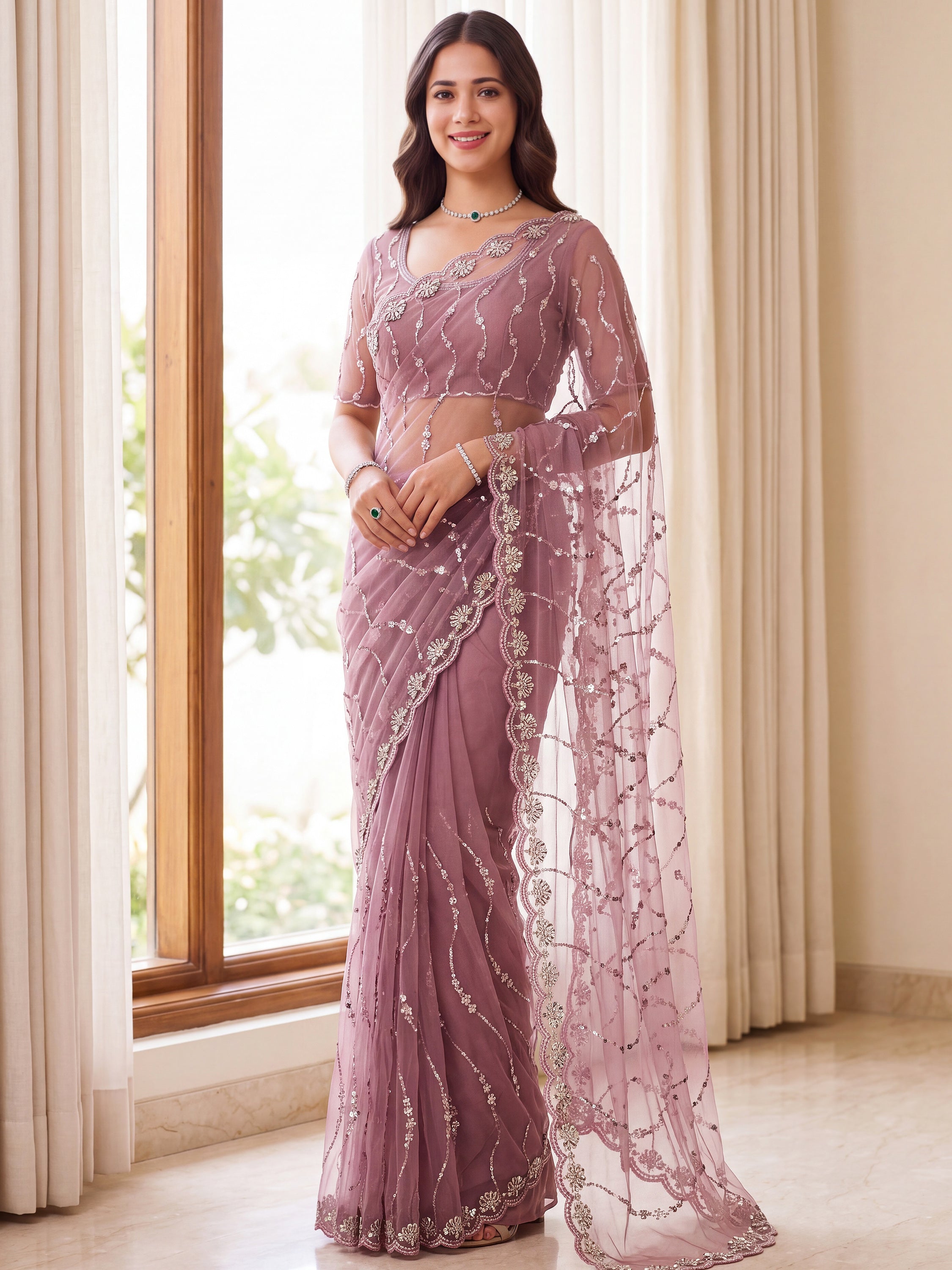 Amazing Mauve Bead Work Net Reception Wear Saree With Blouse
