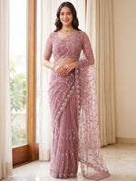 Amazing Mauve Bead Work Net Reception Wear Saree With Blouse