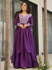 Impressive Purple Thread Embroidered Georgette Gown