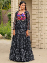 Appealing Black Georgette Thread Embroidered Traditional Gown