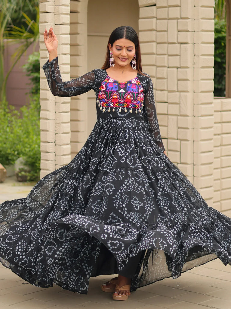 Black printed ethnic gown with colorful elephant embroidery, perfect for Indian festive occasions