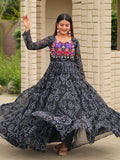 Appealing Black Georgette Thread Embroidered Traditional Gown